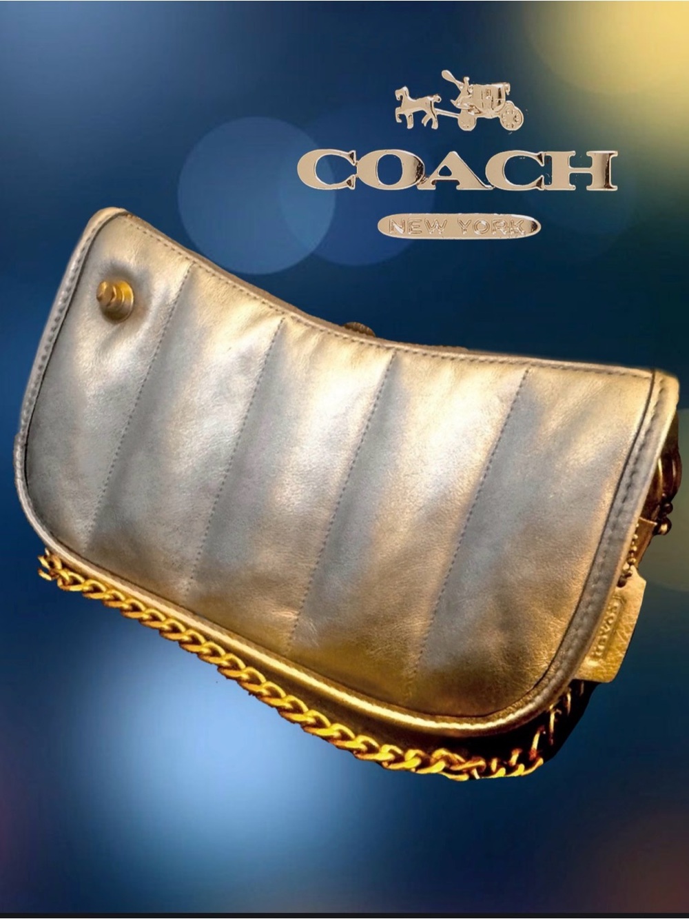 Coach Swinger 20 Metallic Silver Clutch with Gold Chain